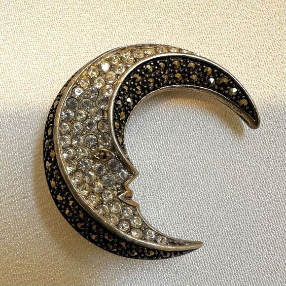 Sterling marcasite moon brooch/pendant Jewelry - Sterling silver marcasite vintage   Crescent  face moon brooch/pendant